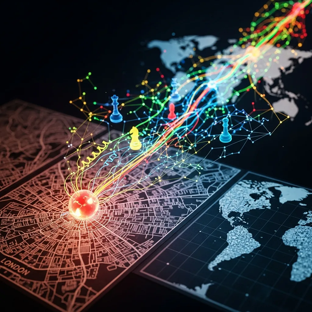 Glowing city street map with red hotspot connected by colored lines to a world map on dark background