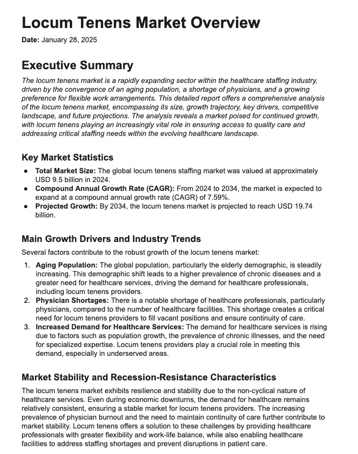 Locum Tenens Market Overview report citing 9.5 billion dollar 2024 size and 7.59 percent CAGR.