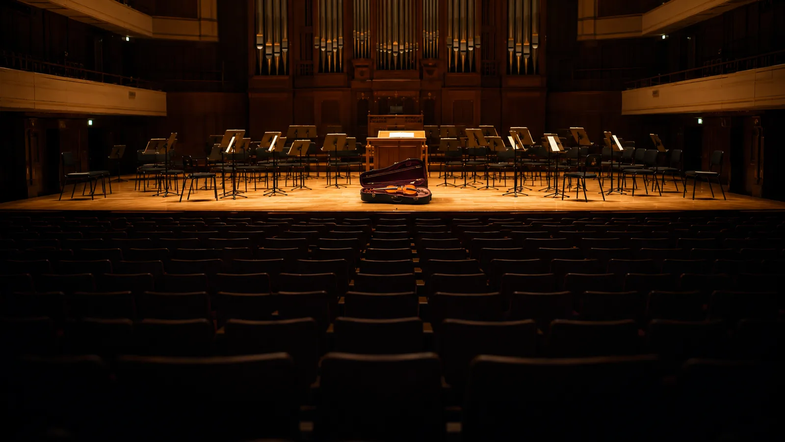 An empty concert hall viewed from the rear seats, a single cello resting alone on the lit stage set for an absent orchestra.