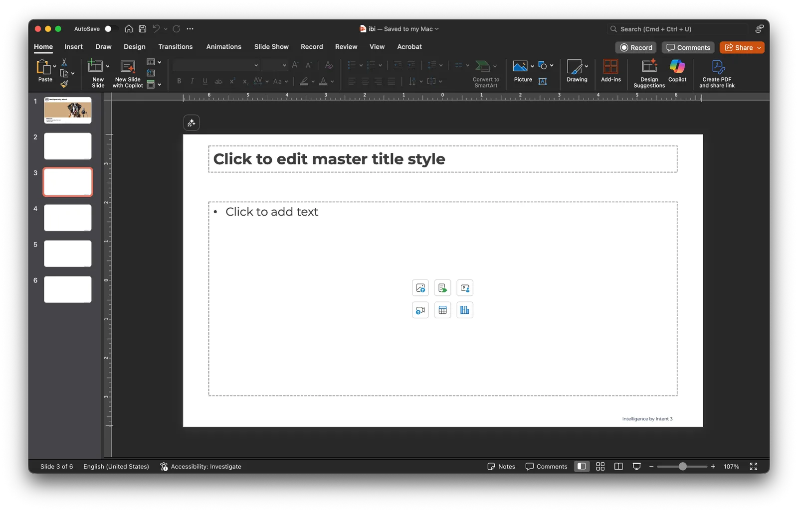 Blank PowerPoint content slide with title and bulleted text placeholders and insert icons.