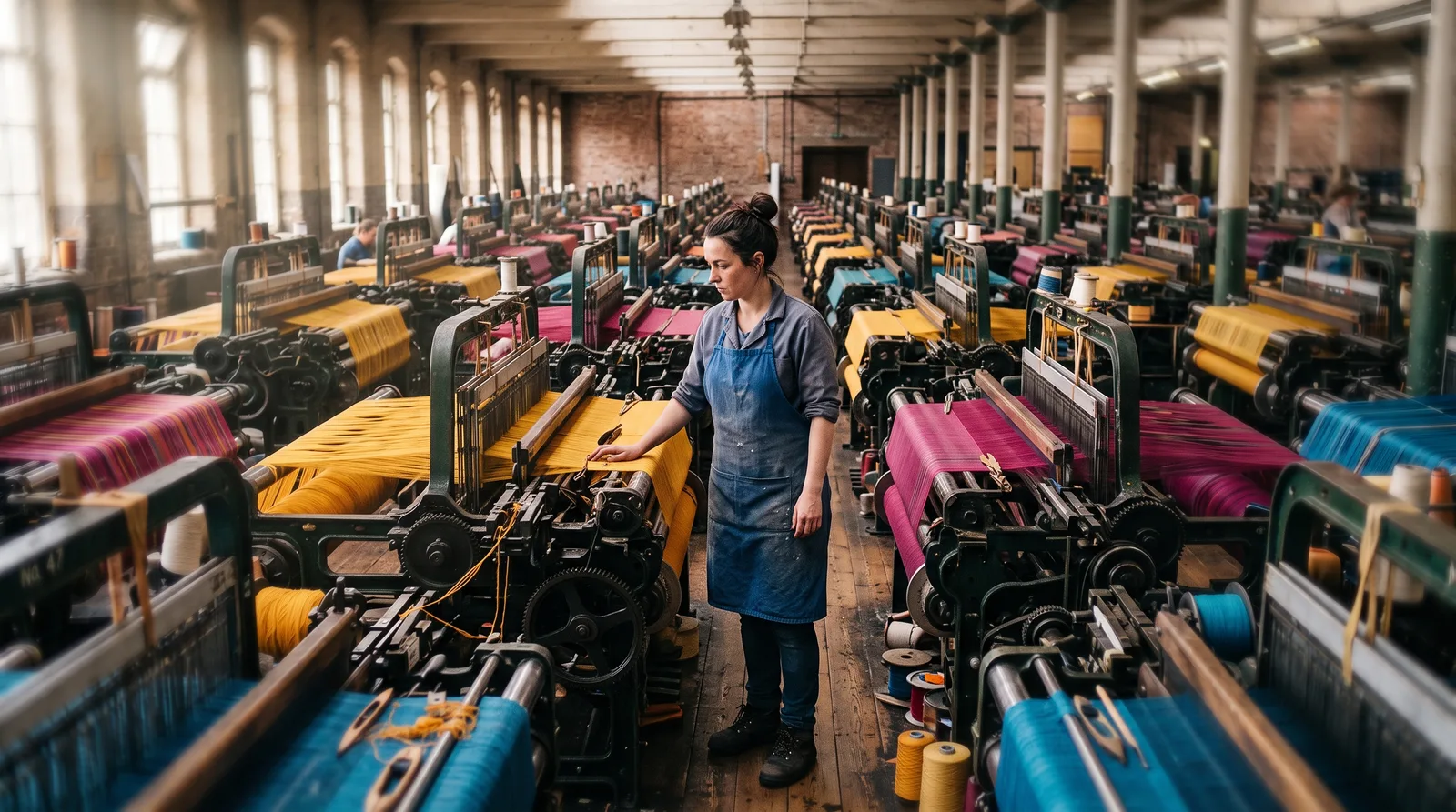 A textile mill floor filled with rows of power looms weaving yellow, pink and blue cloth, with a single worker in a blue apron standing among them tending one machine. The looms do the work, and someone still has to stand there and watch them.
