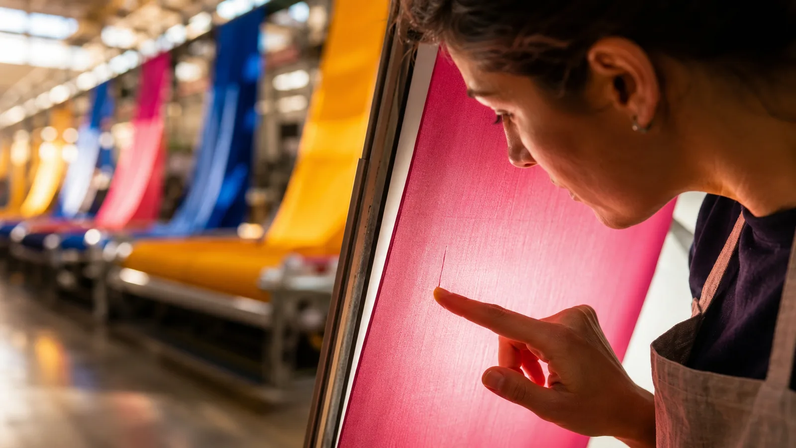 A woman in a work apron leans in close to a brightly lit pink fabric panel on a textile mill floor, pointing at a single small flaw in the weave, with rows of yellow, blue, and pink fabric running through machinery behind her.