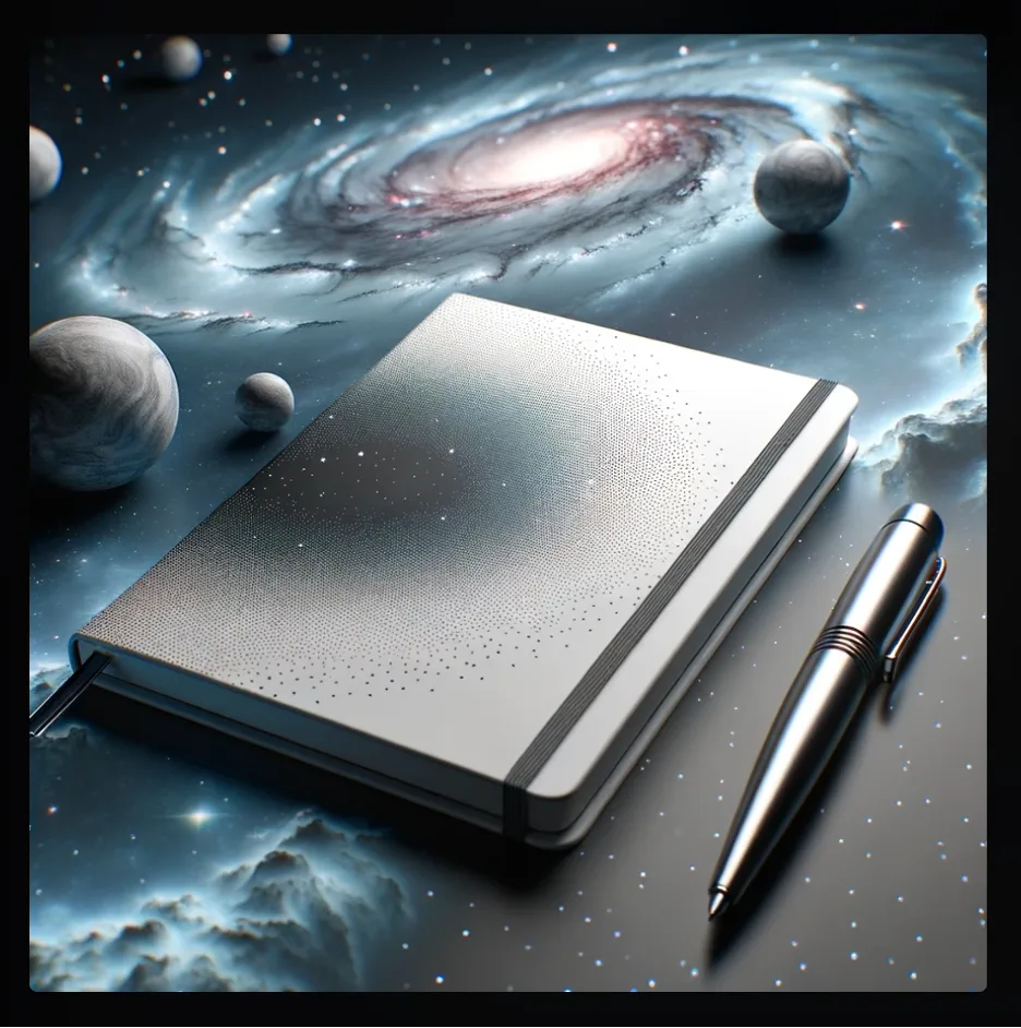 Silver notebook with dotted cover and a pen on a desk against a starry galaxy backdrop with planets.