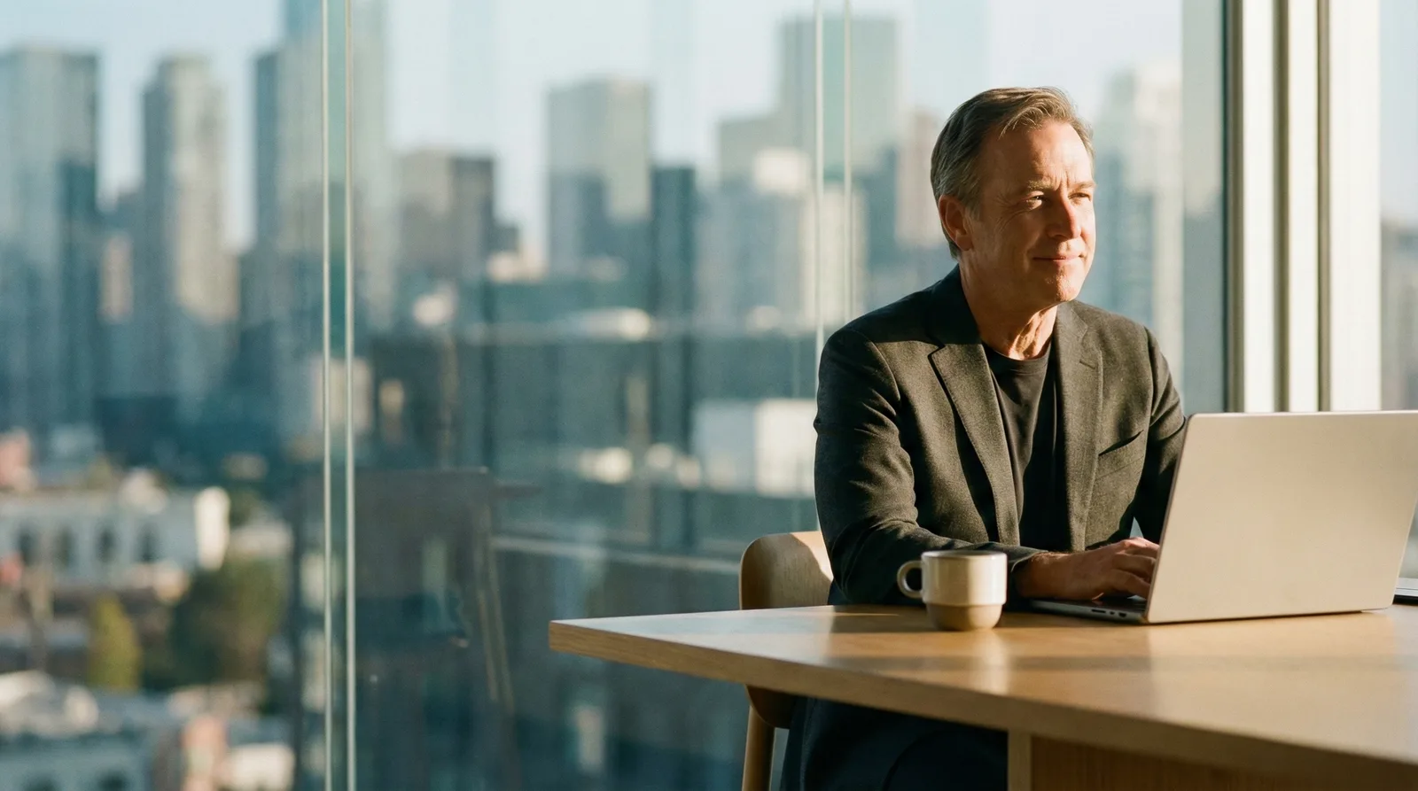 A gray-haired man in a dark blazer sits at a wooden table with a laptop and mug, city skyline through windows behind him.