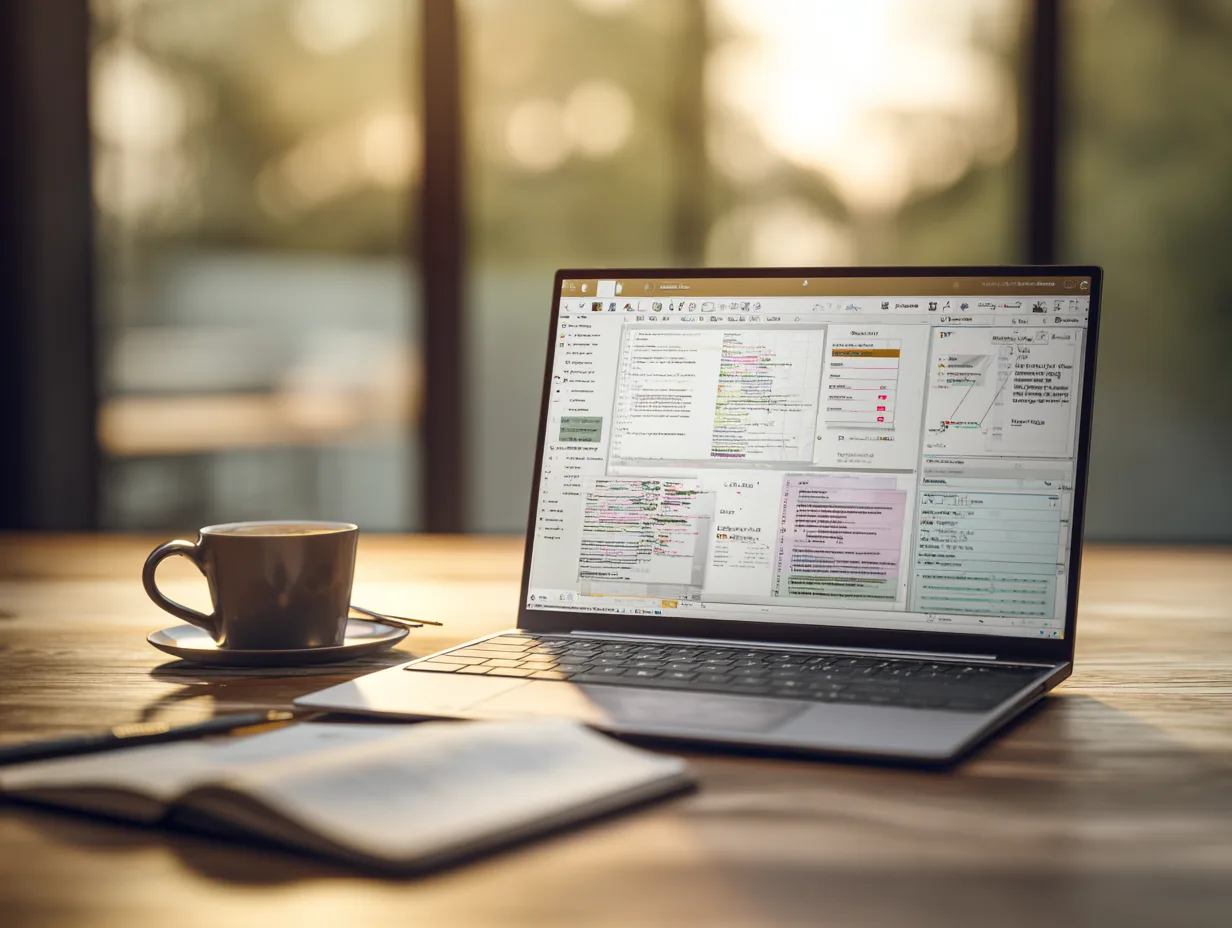 Open laptop showing a document on a wooden table, with coffee cup and notebook by a window.