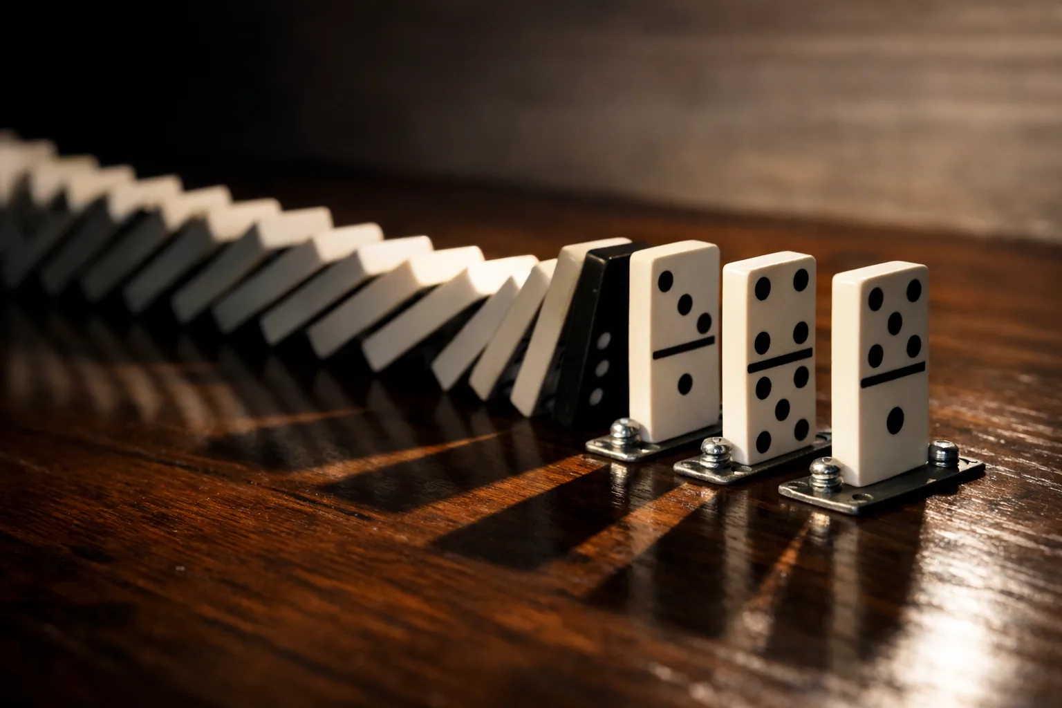 Row of toppling dominoes on dark wood, three standing tiles held upright by metal brackets.