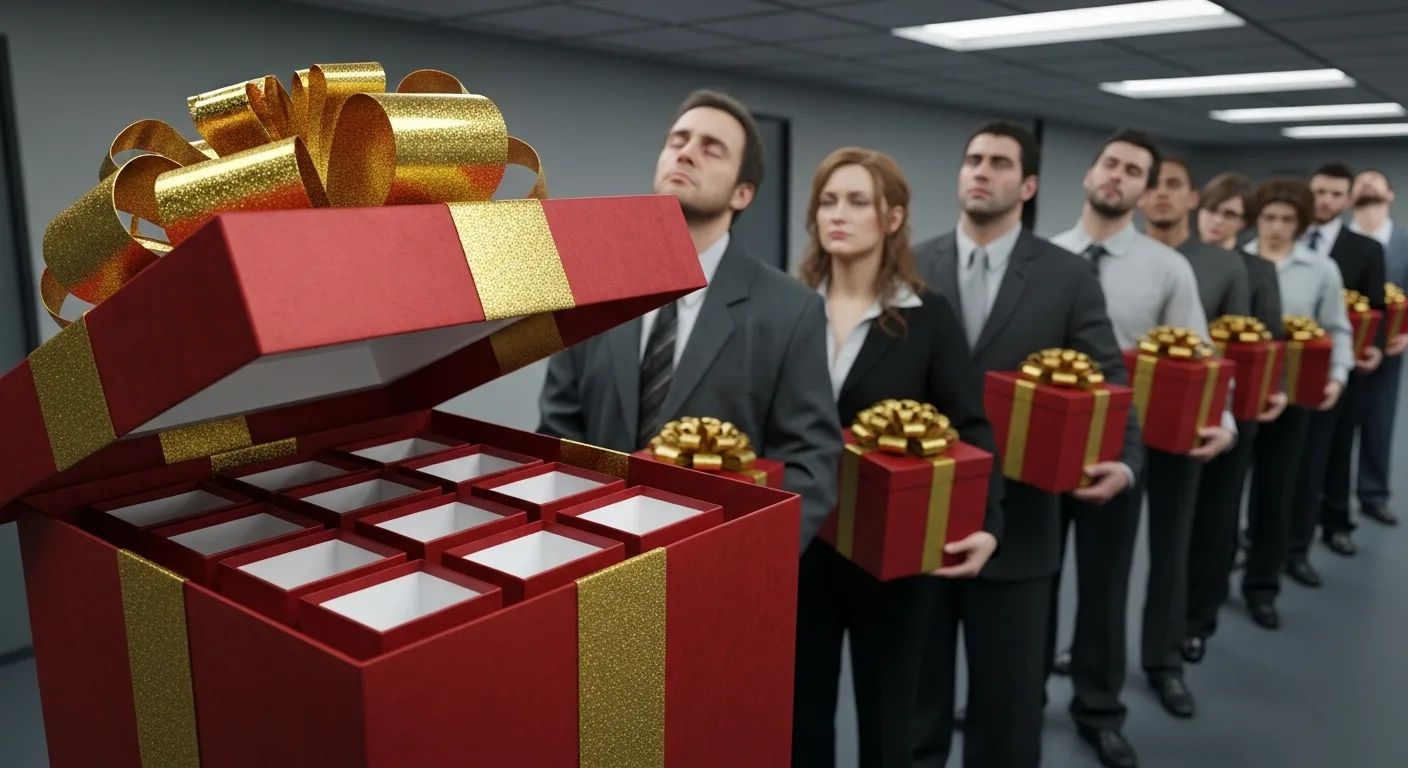 Office workers lined up holding red gift boxes with gold bows, one large box opened empty.