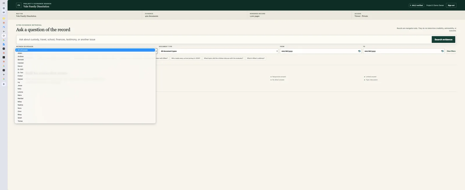 The same evidence search screen with the witness or speaker dropdown open, showing a scrollable alphabetical list of individual witness names to filter results by.