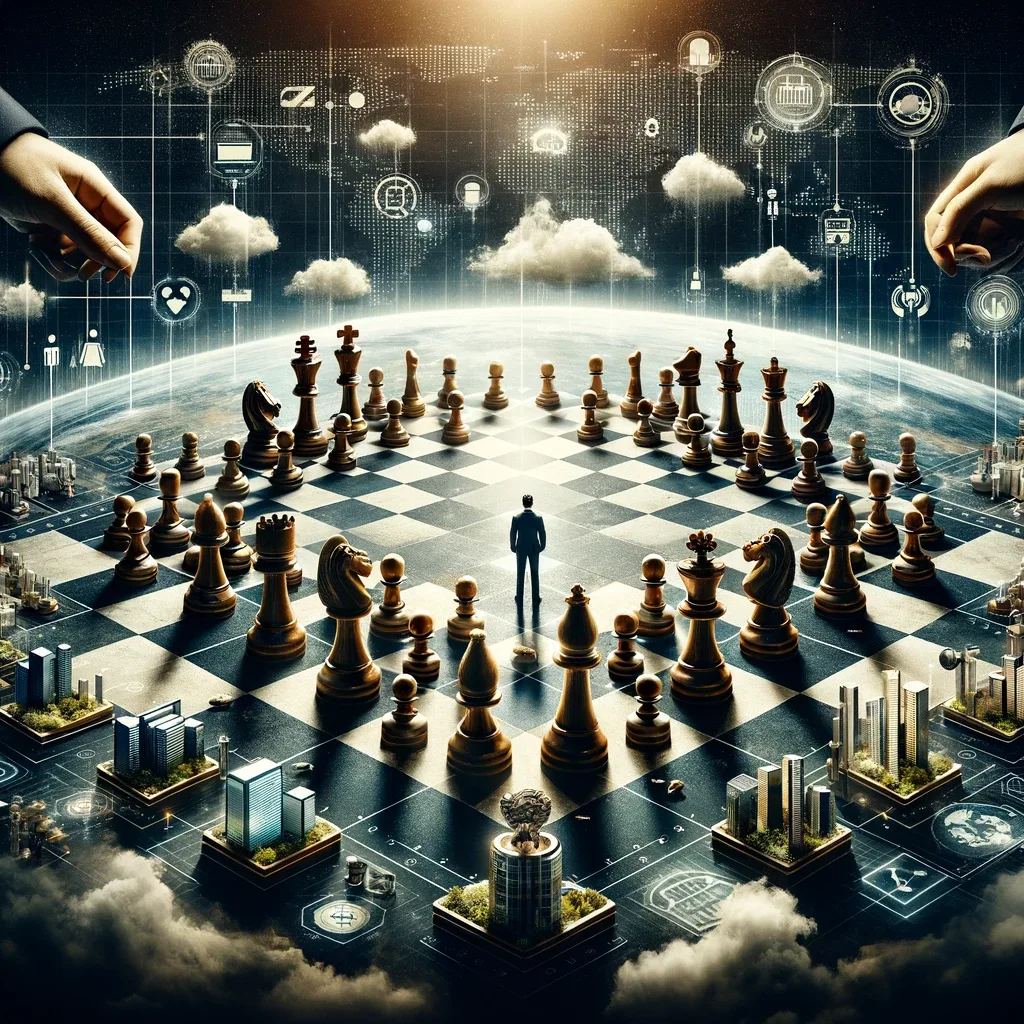 Person standing on a giant chessboard with chess pieces, city skyline and clouds around.