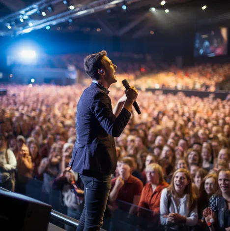 Man with a microphone speaks on stage to a large crowd in a brightly lit arena.