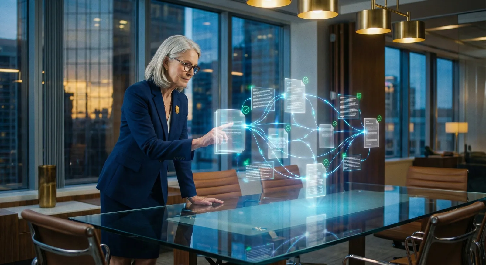A gray-haired woman in a navy suit touches a glowing holographic network of documents with green checkmarks above a glass table.