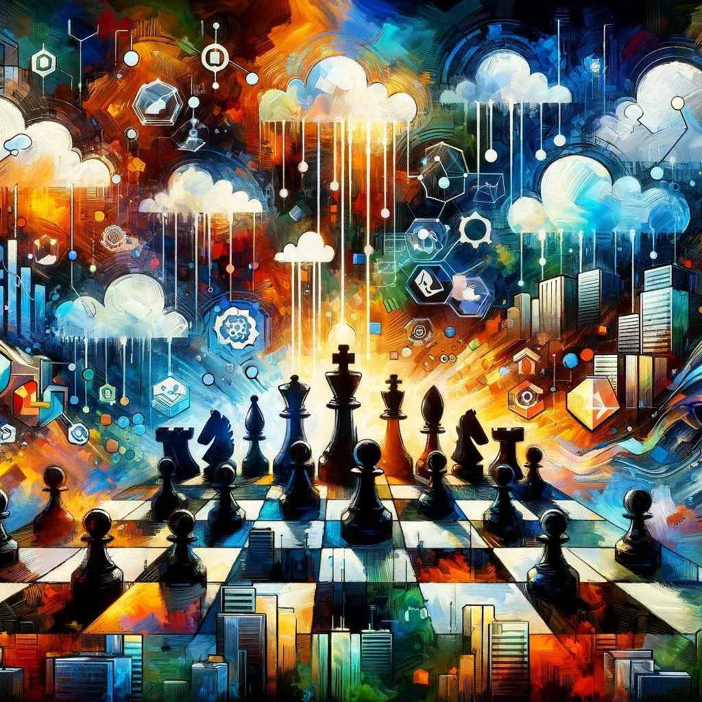 Abstract painting of a chess board and pieces over a colorful cityscape with data icons.