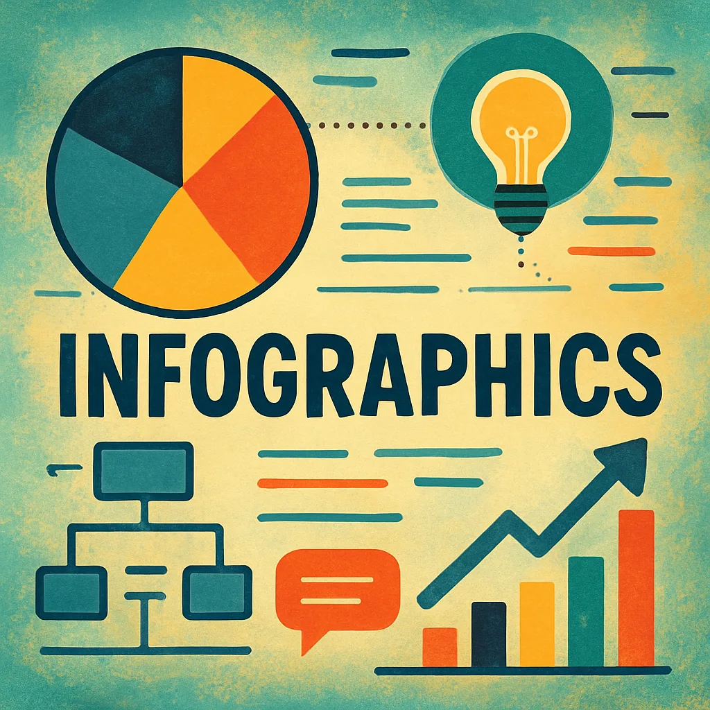 Teal poster reading Infographics with a pie chart, lightbulb, flowchart, and rising bar graph with arrow.