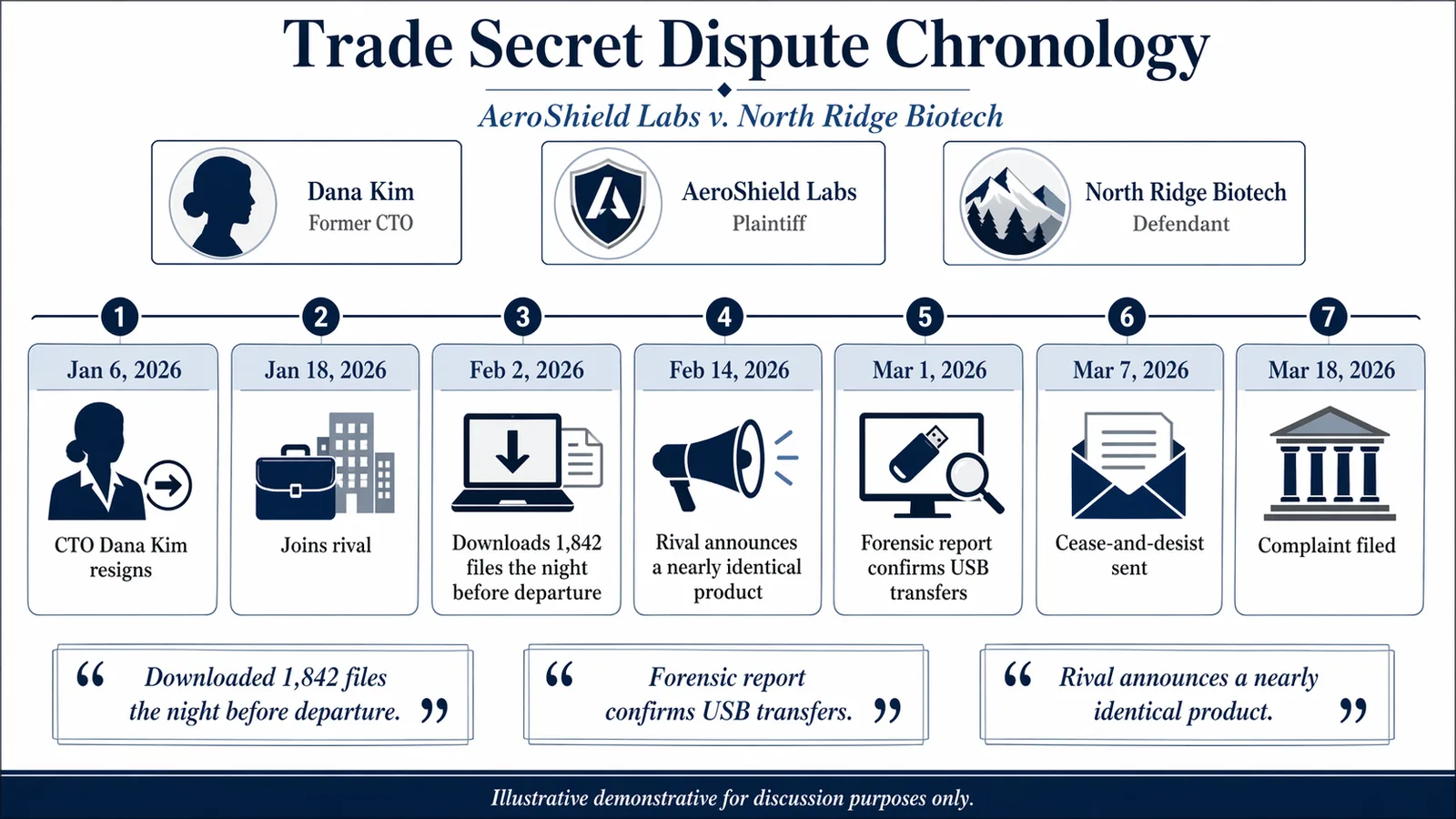 Trade secret dispute chronology timeline, AeroShield Labs v. North Ridge Biotech, seven dated events.