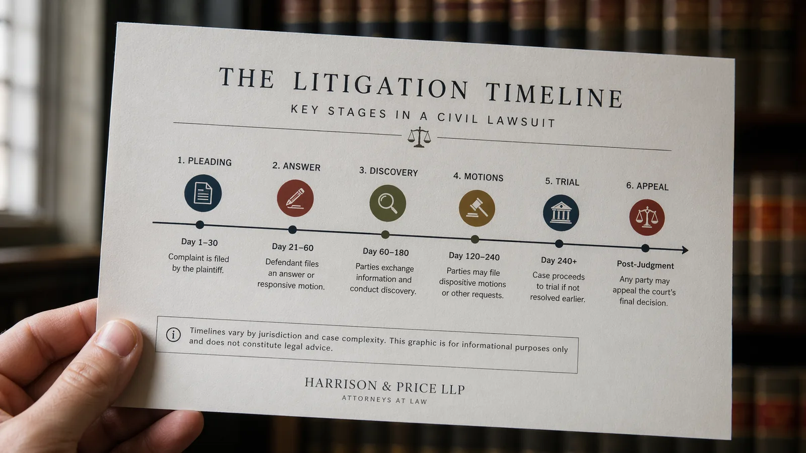 Hand holding a card titled The Litigation Timeline showing six civil lawsuit stages with icons.