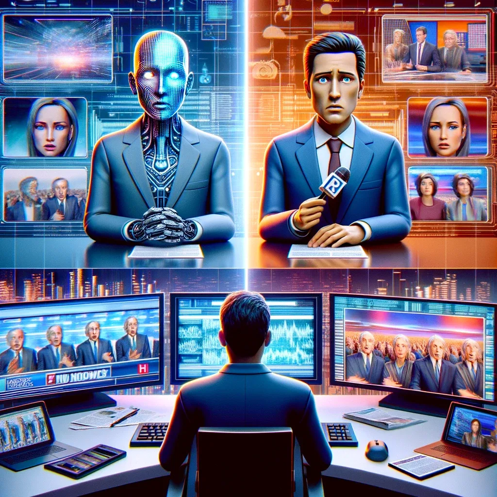 Illustration of AI news anchor beside a human anchor and a person at a studio control desk