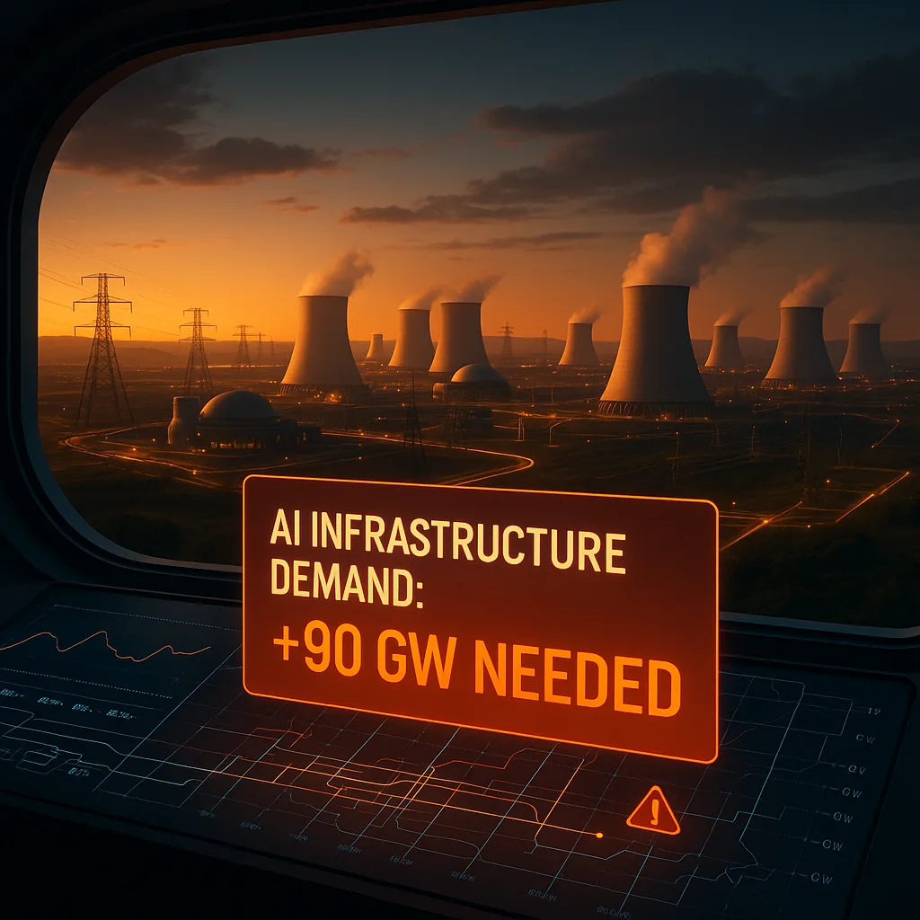 Cooling towers and power lines at sunset with an orange sign reading AI Infrastructure Demand, +90 GW Needed.
