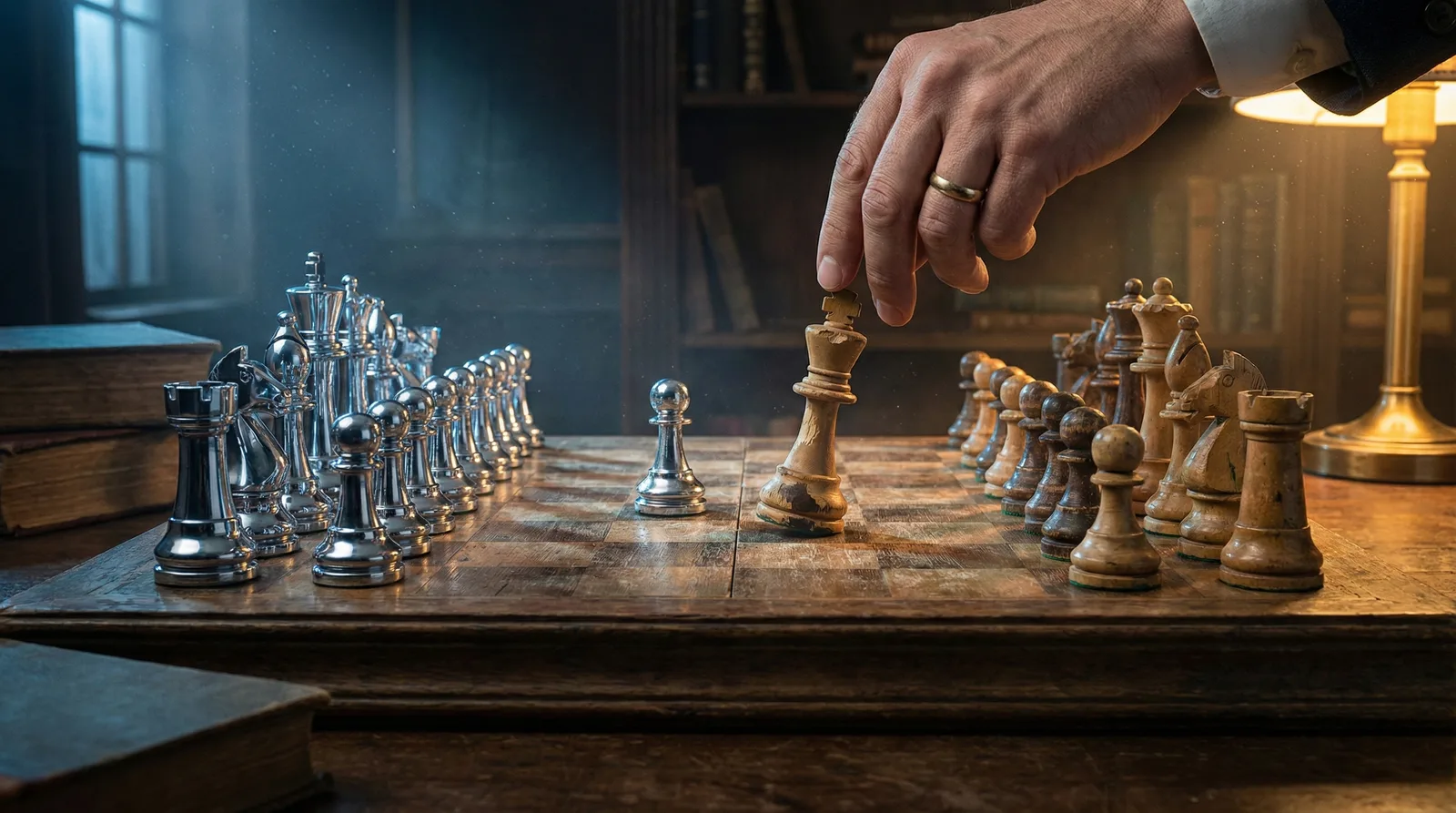 Hand moving a wooden king on a chessboard facing silver pieces in a dim library.