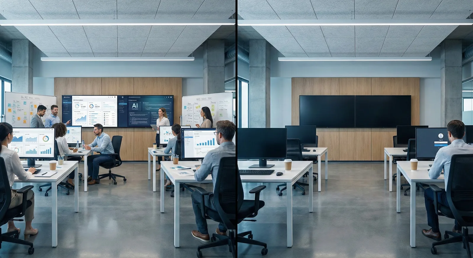 Open office with employees at desks, monitors showing charts, wall screens labeled AI, gray concrete floor