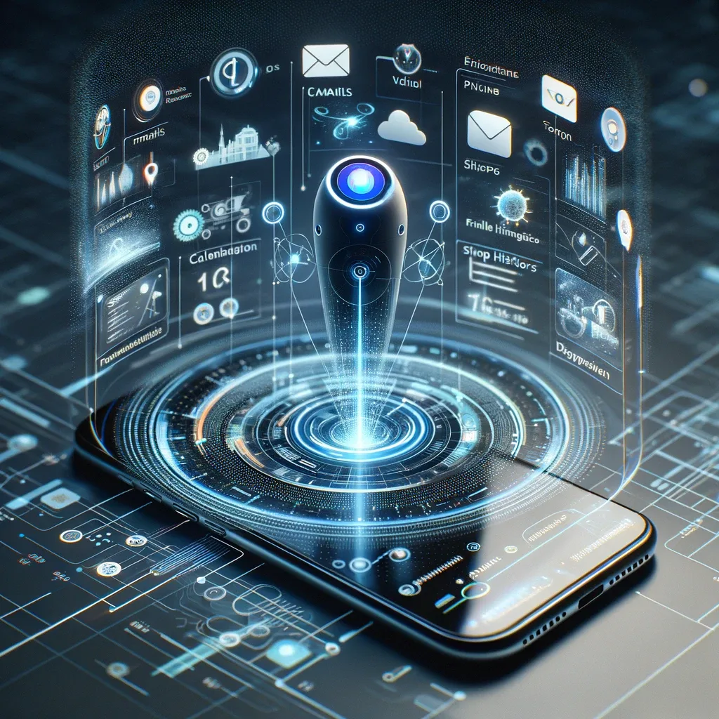 Illustration of a smartphone projecting a holographic AI assistant interface with app icons