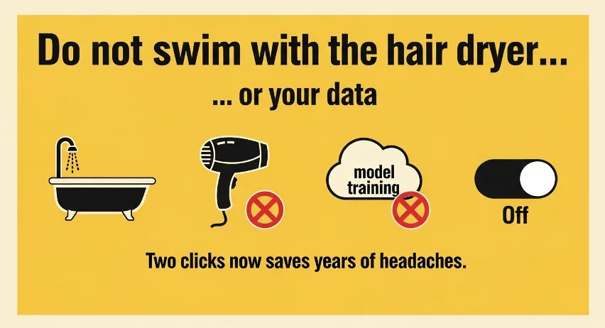Yellow graphic reading Do not swim with the hair dryer or your data, with bathtub and off toggle.