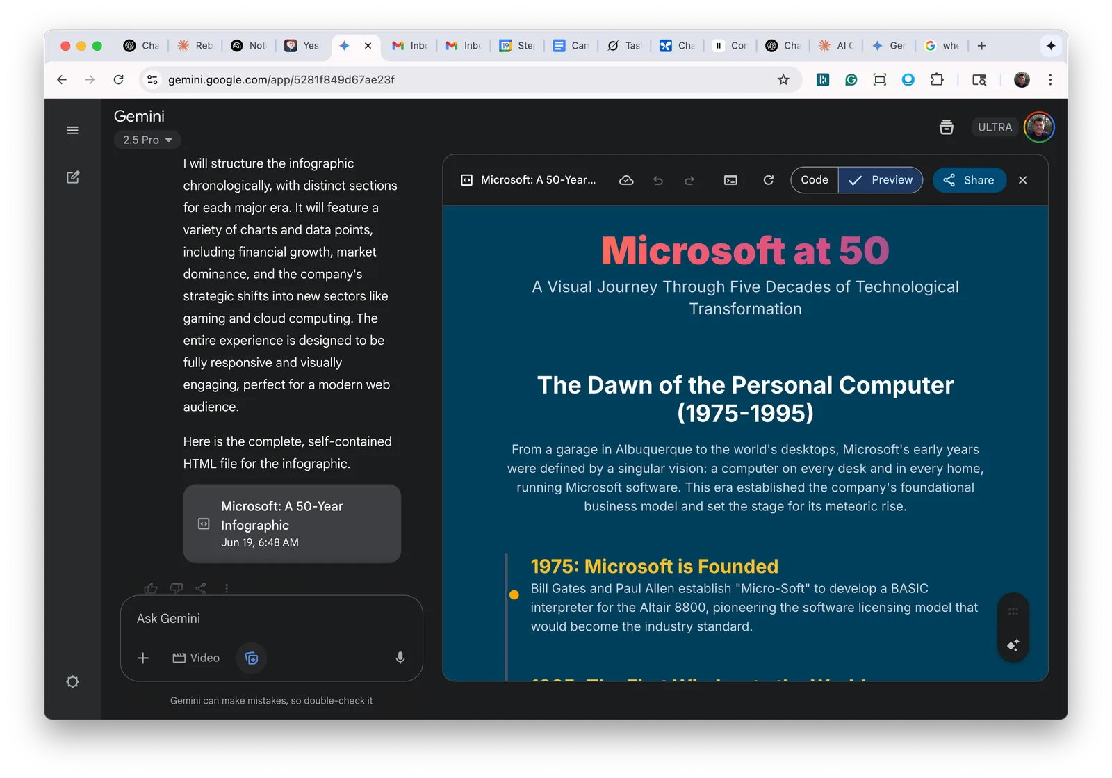 Gemini Canvas previewing a Microsoft at 50 infographic with timeline sections.