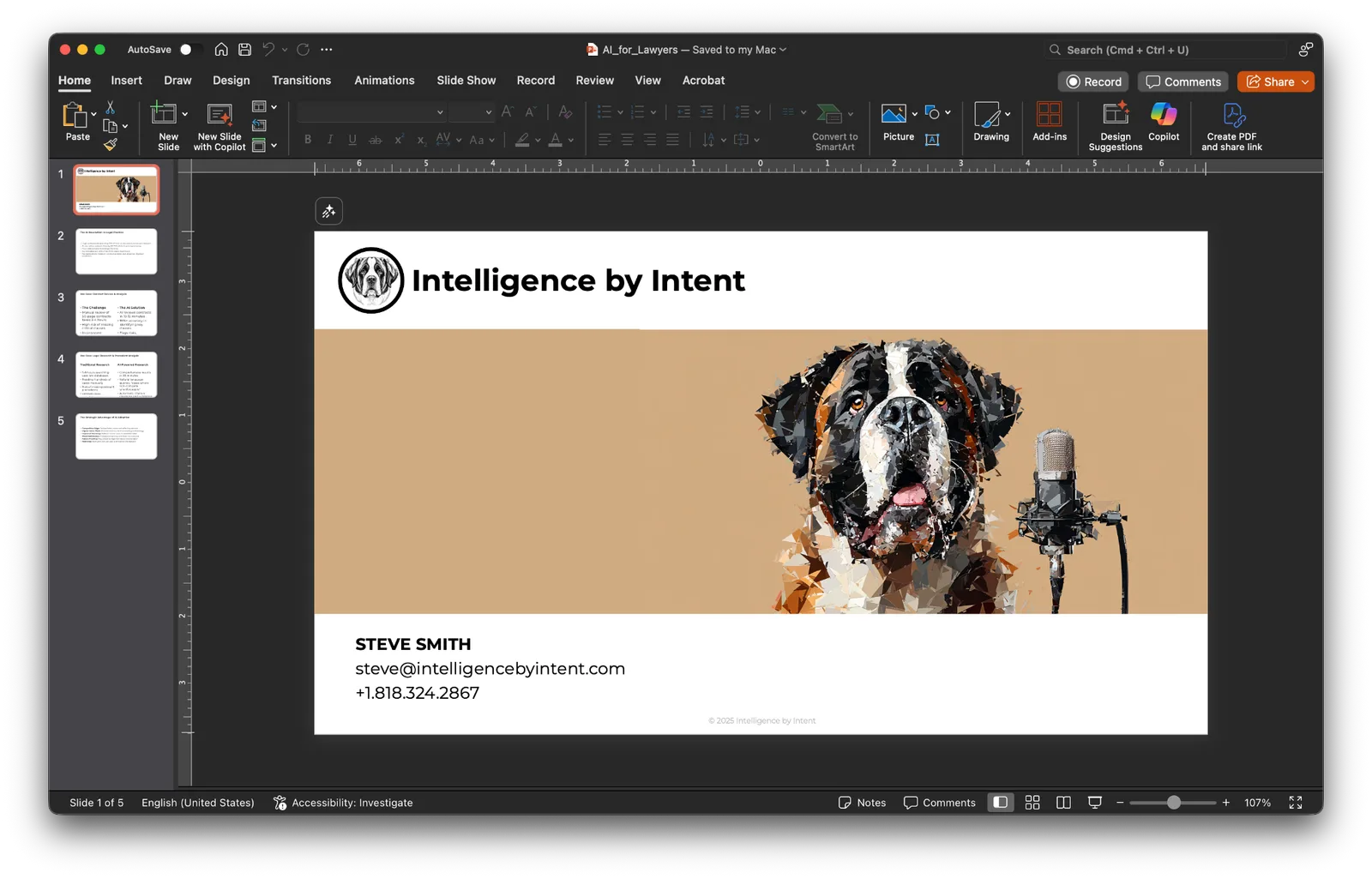 PowerPoint title slide with Intelligence by Intent logo, Saint Bernard and microphone art, and contact details.