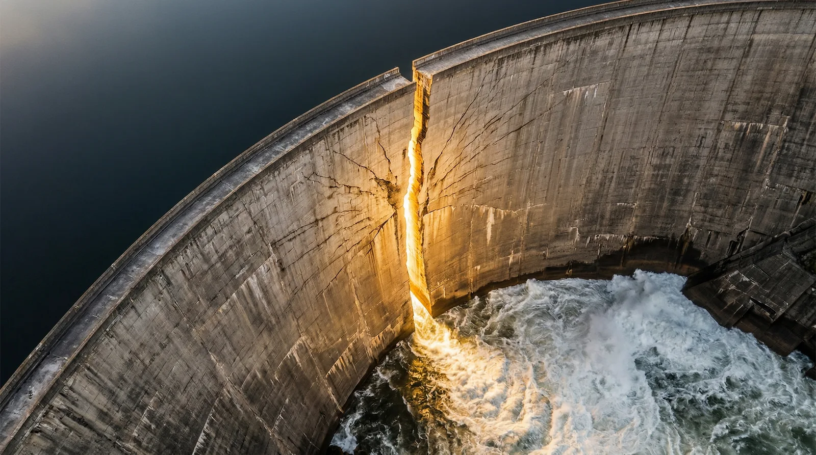 Aerial view of a concrete dam with a glowing golden crack and water below.