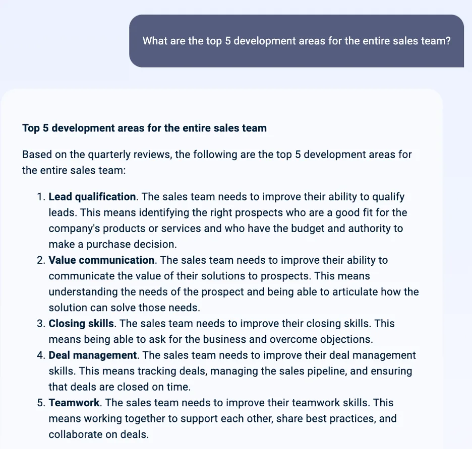 Chat answer listing top 5 sales team development areas: lead qualification, value communication, closing, deal management, teamwork