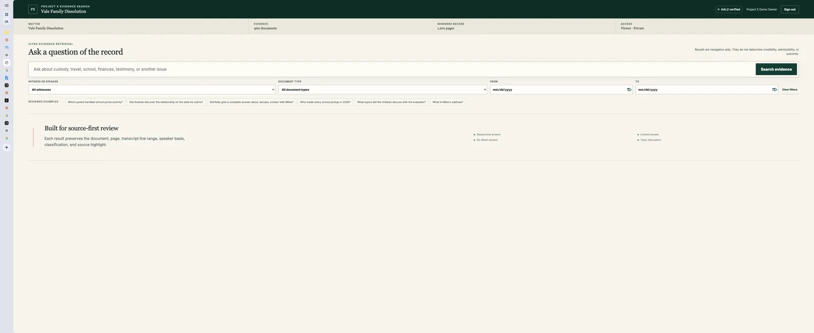 A screenshot of the demo evidence search tool, headed Ask a question of the record, with a search box, dropdown filters for witness or speaker and document type, a date range, and a row of example questions beneath.