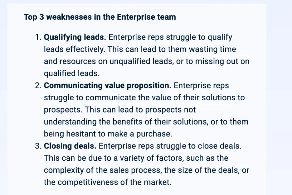 List of top 3 weaknesses in the Enterprise team: qualifying leads, communicating value, closing deals
