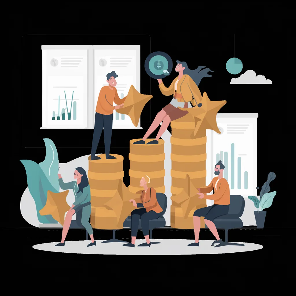 Illustration of people stacking gold coins and stars near reports showing bar charts.