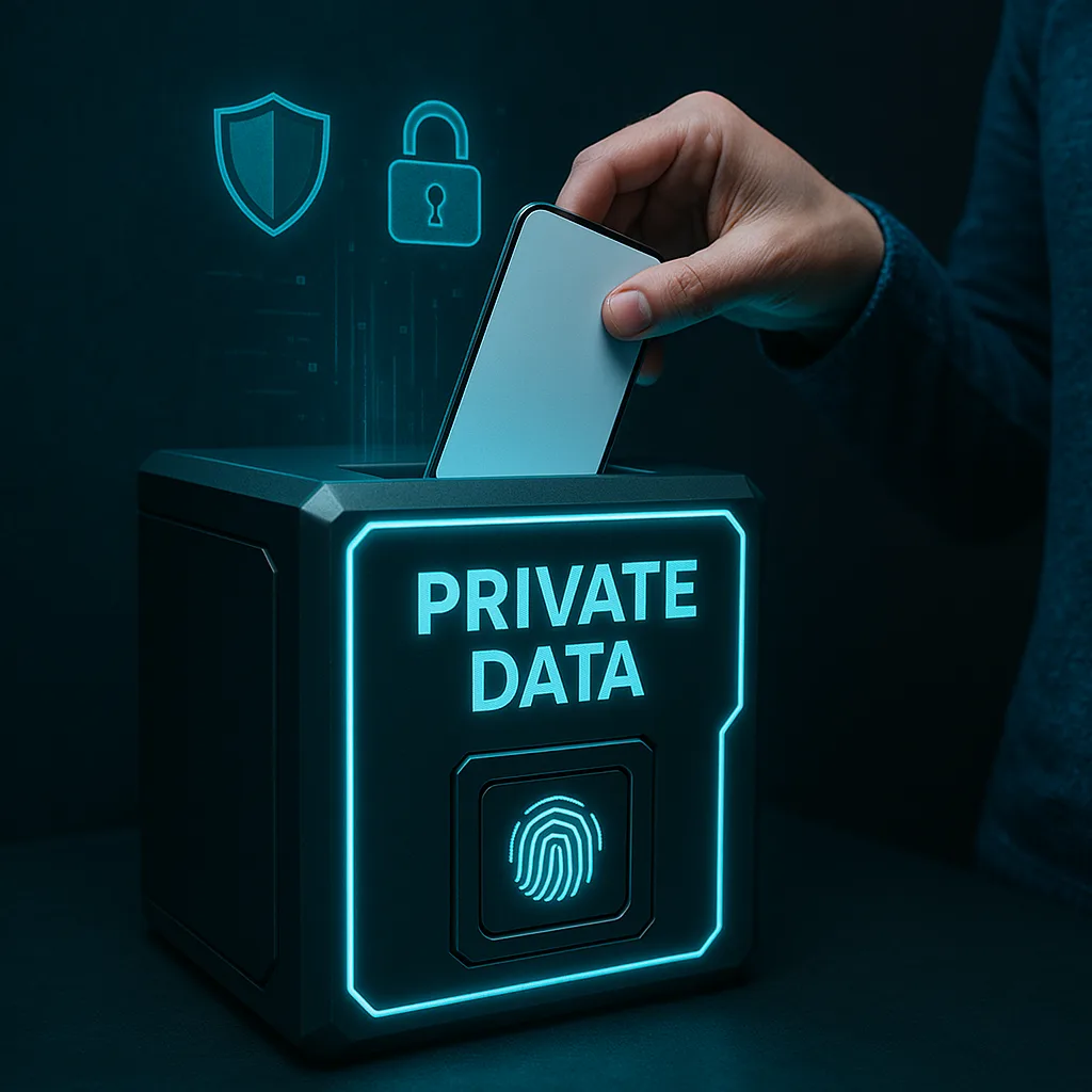 A hand drops a phone into a glowing box labeled Private Data with shield, lock, and fingerprint icons.