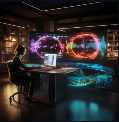 Person at a desk facing large screens with colorful glowing data visualizations