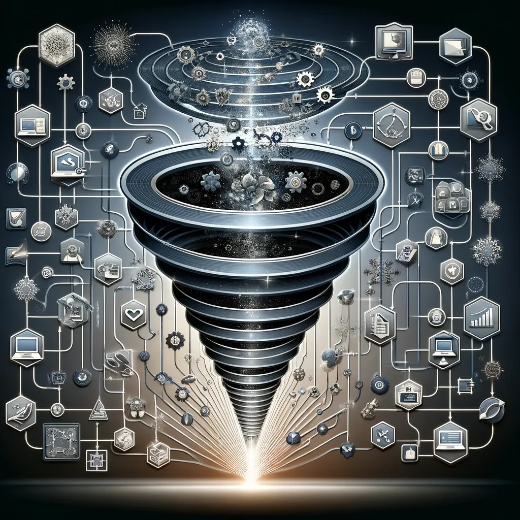 Metallic funnel surrounded by technology and business icons on a dark connected network.
