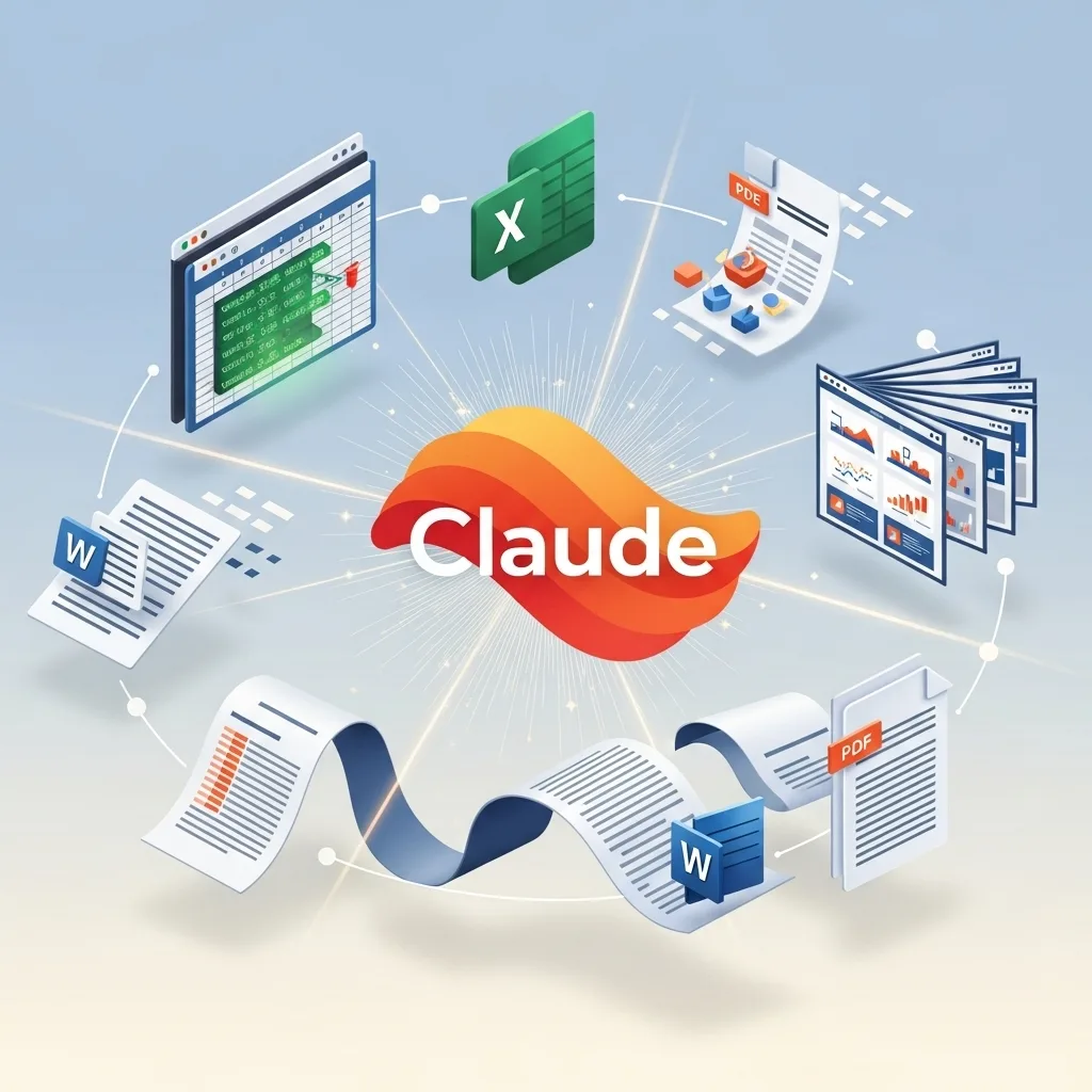 Orange Claude logo encircled by Excel, Word, PDF, web and document file icons on blue.