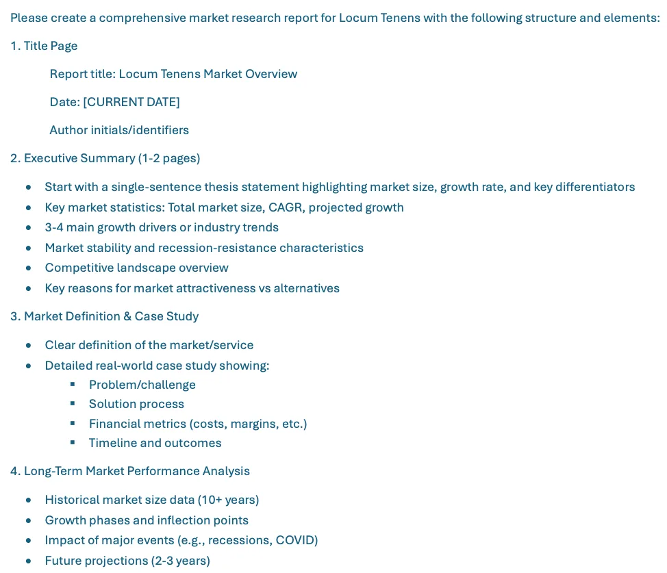 Prompt requesting a Locum Tenens market research report with title page and executive summary sections.