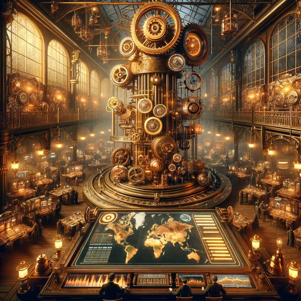 Steampunk illustration of a clockwork gear machine above a world map control panel in an ornate hall.