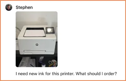 Chat message from Stephen showing an HP printer photo asking what ink to order