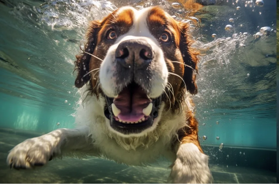 Close-up of a brown and white Saint Bernard dog swimming underwater with mouth open and bubbles.