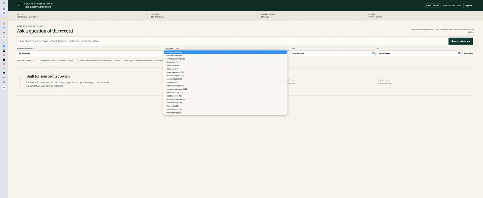 The same evidence search screen with the document type dropdown open, listing categories such as deposition, discovery, interview, medical wellness, school activity, and trial transcript, each with a document count beside it.