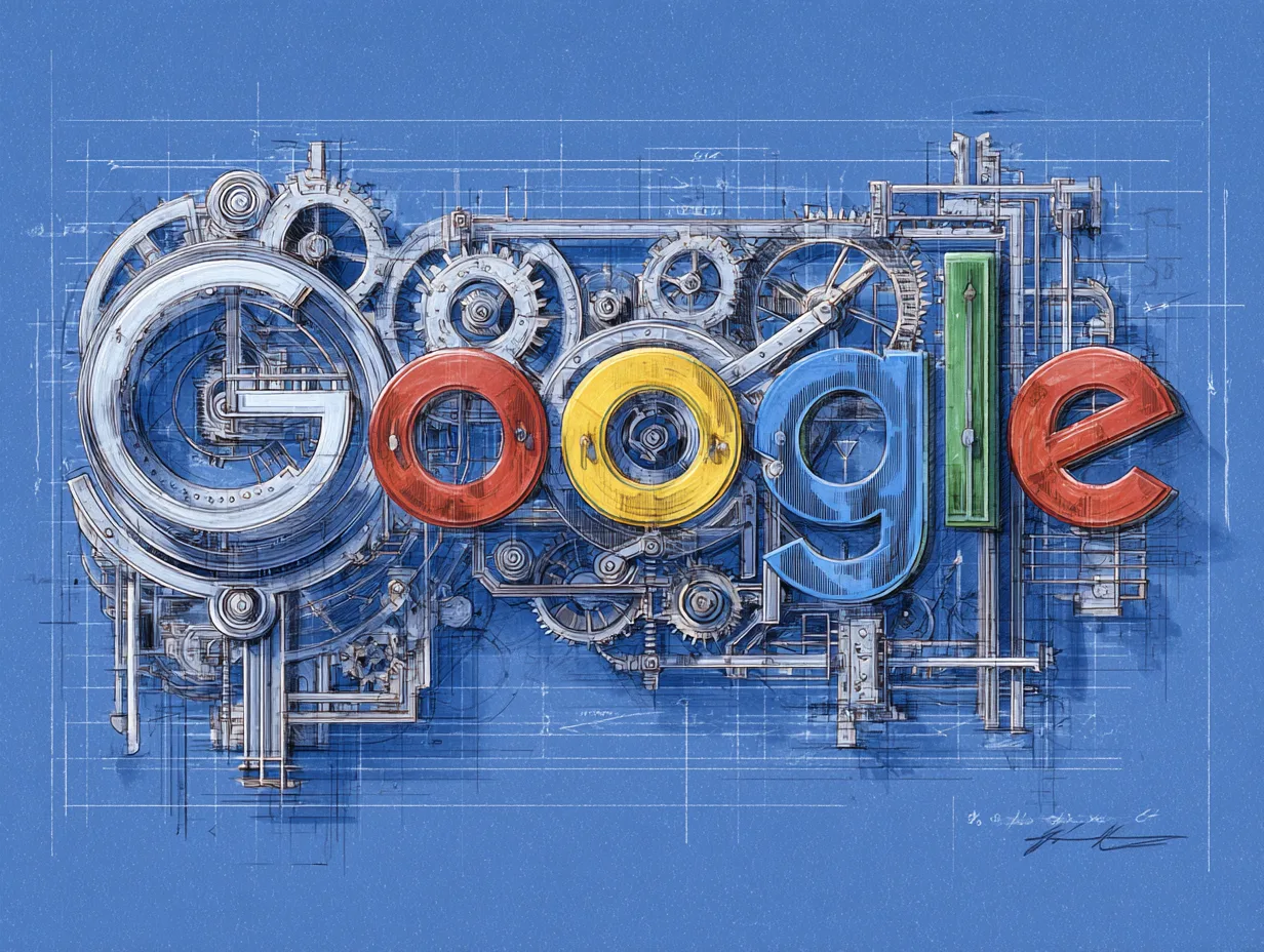 Colorful Google logo rendered as mechanical gears and pipes on a blue blueprint background
