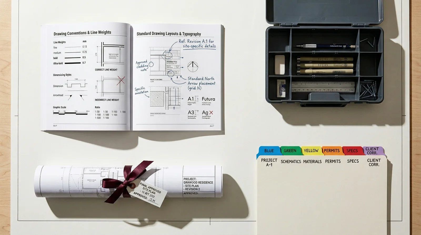 Open architecture manual, pen case, rolled blueprint, and color tabbed dividers on a desk.