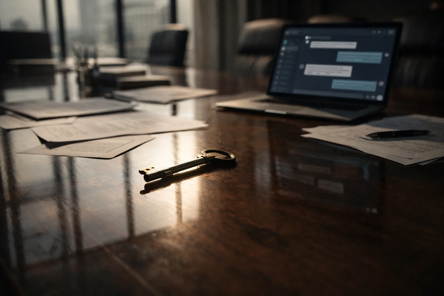 Antique key on a dark polished conference table, laptop showing a chat interface behind it.