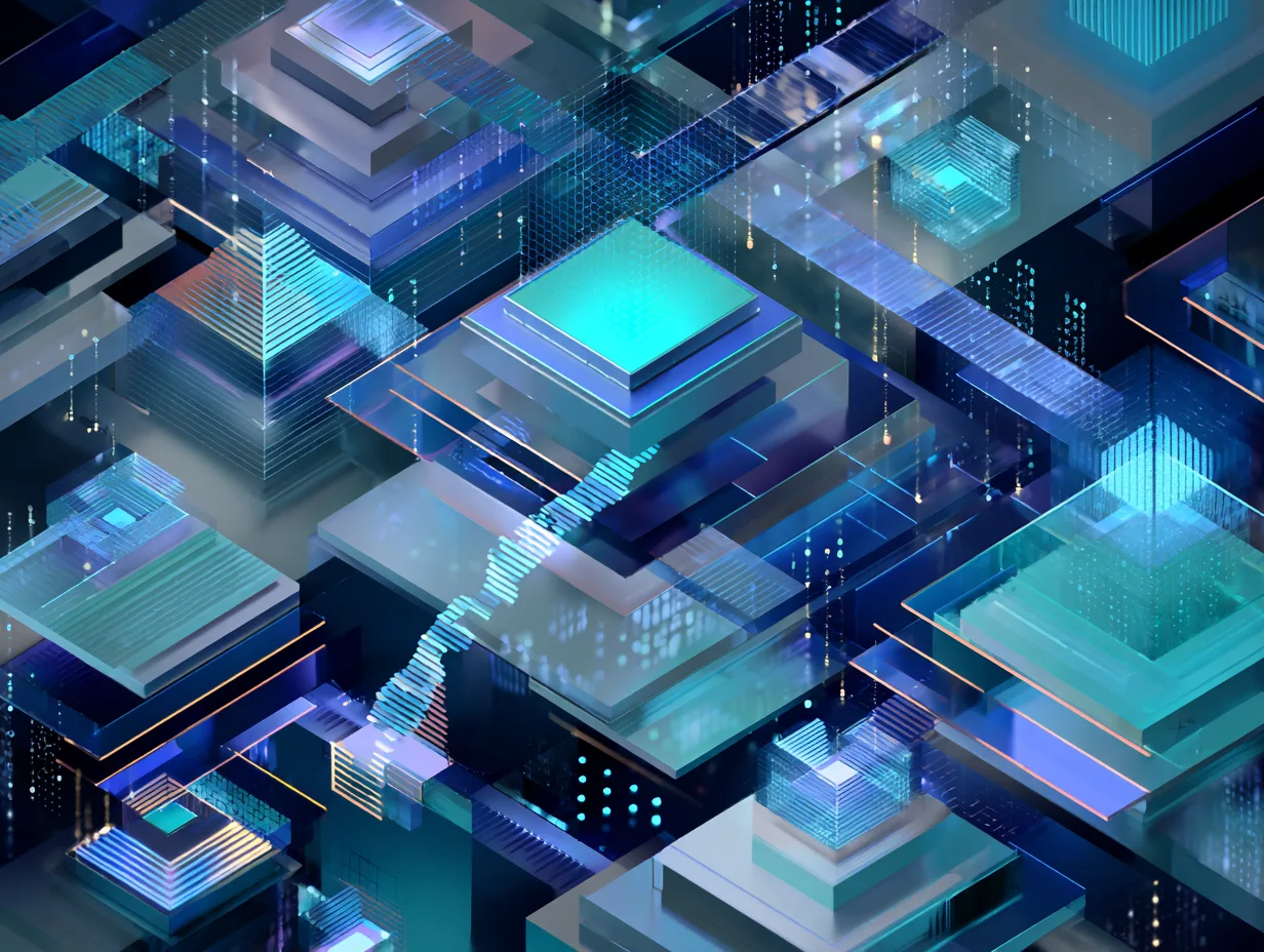 Abstract isometric cityscape of layered blue and teal geometric blocks with digital light streams.