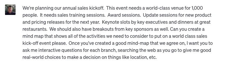 Chat message asking the AI to create a mind map of activities for a 1,000-person annual sales kickoff.