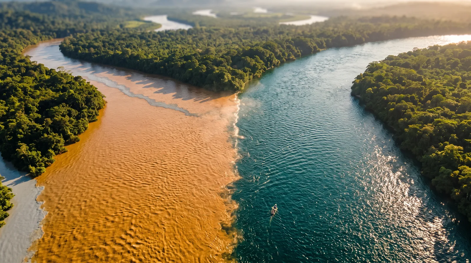 An aerial view of two rivers meeting in dense green rainforest, one running amber and silt heavy, the other clear blue green, flowing side by side along a sharp visible seam where they converge, with a single small boat on the blue water.