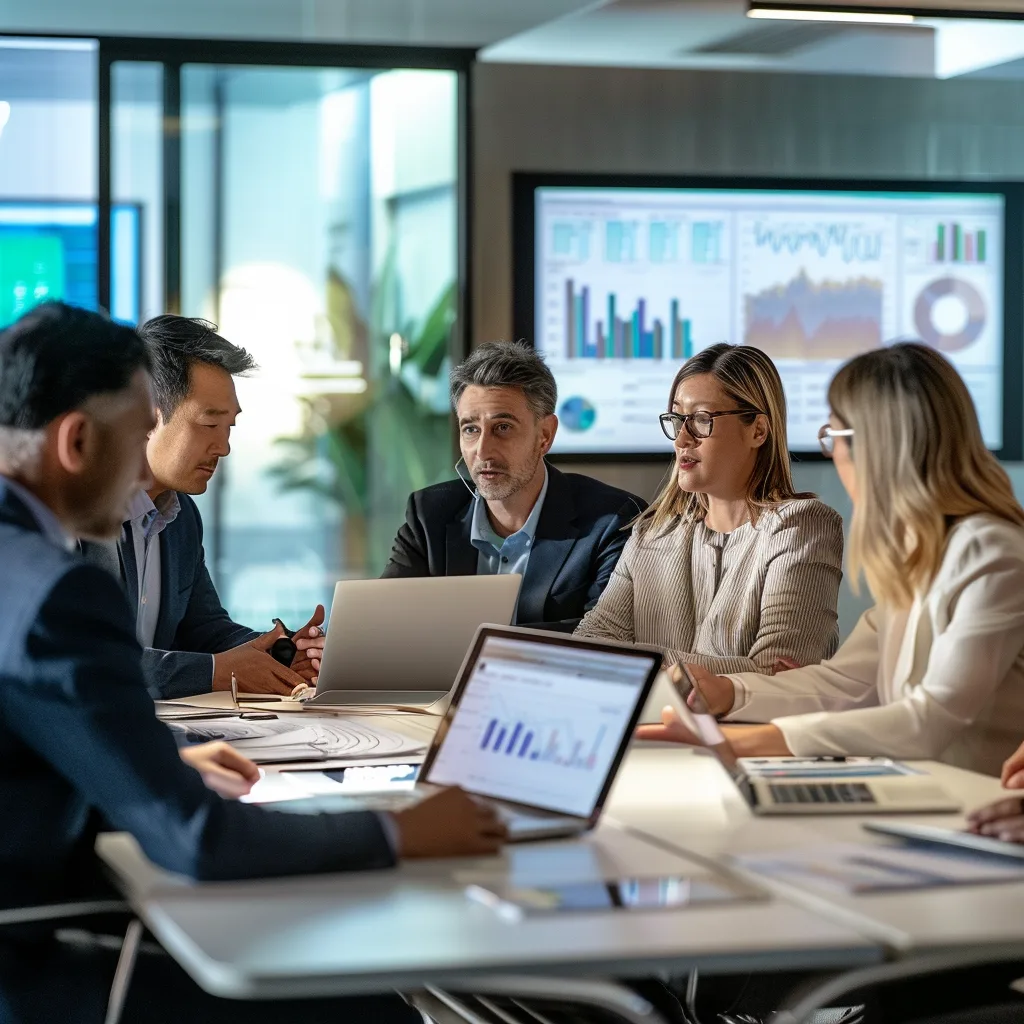 Five business professionals in a conference room discussing data charts on a wall screen.