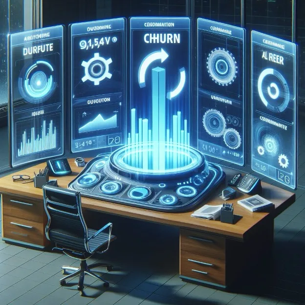 Illustration of a desk with holographic screens, one labeled Churn, showing charts and gears