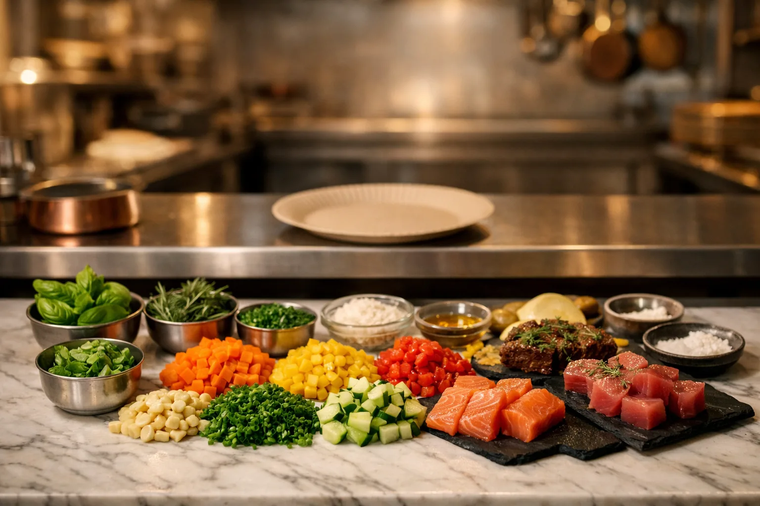 Marble counter with bowls of herbs, diced vegetables, raw salmon and tuna in a kitchen.